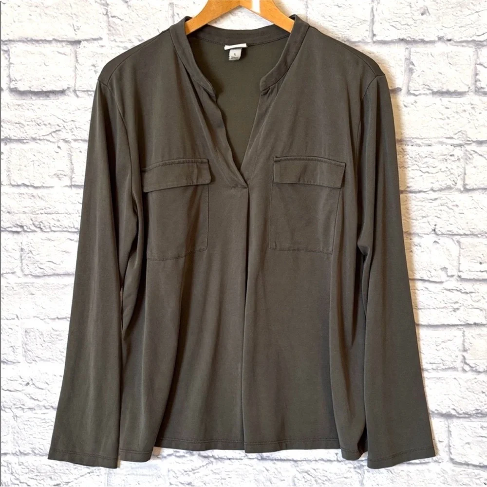 A New Day Long Sleeve Blouse Top Neutral Olive Green V Neck Soft Size Large